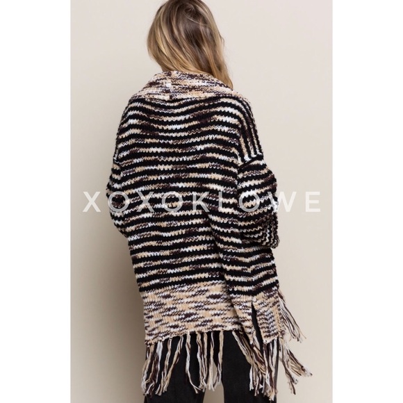 POL Brown & Tan Open Front Cardigan Tassel Fringe Relaxed Fit - Picture 6 of 11